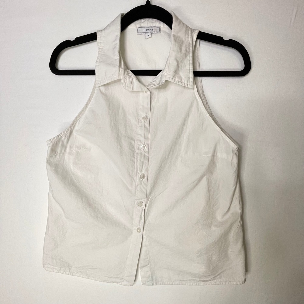 Rihoas White Sleeveless Button Down Collared Top Medium Women Shirt